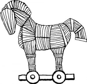 disegno in bianco e nero del cavallo di troia